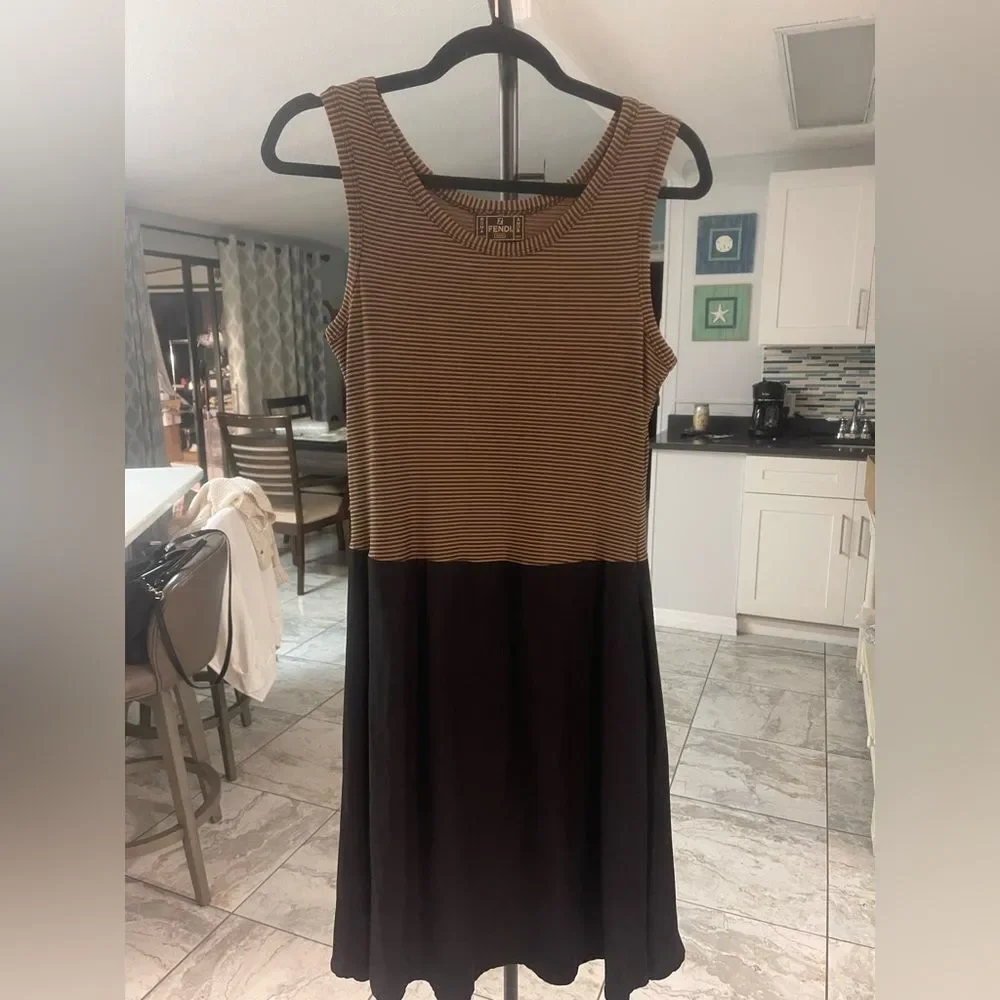 Fendi Roma Striped Sleeveless Dress | Italy | Brown & Black | Designer Midi - Picture 2 of 7
